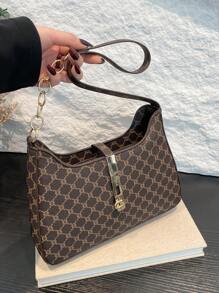 Fashionable Large Capacity Textured 2025 Print Lock Clasp New Casual Chain Shoulder Underarm Bag - Coffee - View 2