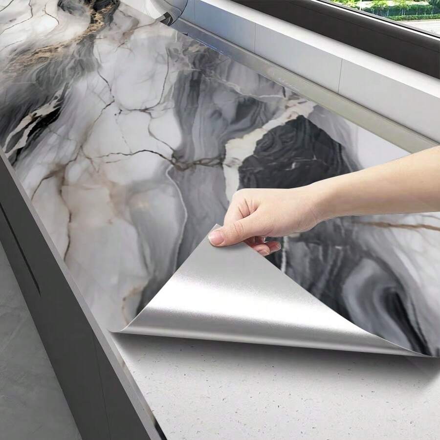 1 Roll Grey Marble Peel And Stick Wallpaper, Waterproof, Moisture Proof, Oil Resistant, Heat Resistant, Suitable For Kitchen Countertop, Cabinet, Bathroom, Office Desk, Modern Style - Multicolor - View 1
