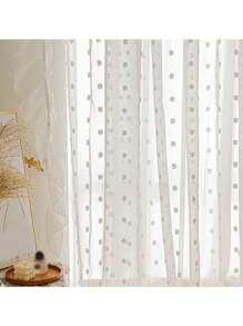 1 pieza/2 piezas Cortina romántica francesa blanca con volantes de encaje con relieve y pompones, Panel de cortina vaporosa de tul con puntos delicados para sala de estar, dormitorio, separador de balcón, decoración de boda, telón de fondo para habitación nupcial