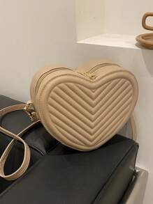 1 pieza Bolso pequeño de unicolor simple y elegante para niñas, nueva bolsa de mensajero de hombro con textura en forma de corazón, material de PU, bolso de corazón de niña de moda, bolso de mensajero de hombro a cuadros elegante y versátil con cierre de cremallera, muy adecuado para salidas y citas