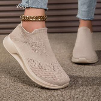 新款女士休闲鞋，舒适运动鞋，透气防尘，袜子式设计，方便穿脱，时尚百搭，适合各种场合，卡其色优雅运动鞋/女鞋新品（男女通用/情侣/女鞋新品）