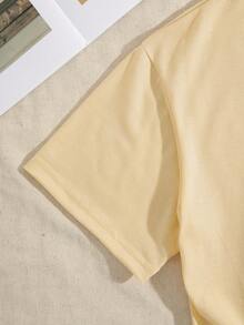 女士纯色圆领休闲牛奶丝常规短袖T恤 夏季 - 卡其色 - 查看 4