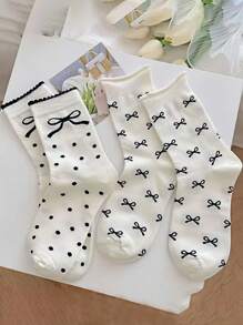 5 pares de nuevos calcetines tipo tripulación con diseño de lazo y volantes para mujer, calcetines largos lindos y dulces con diseños de dibujos animados, cómodos y versátiles, de estilo apto para todas las estaciones