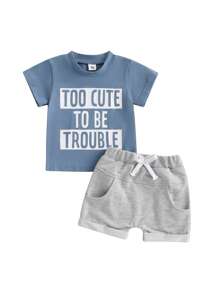 Boys Summer Shorts Sets Short Sleeve O Neck Letter Print Tops And Solid Color Shorts Sets - Blue - View 2