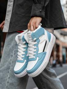 男士复古简约舒适厚底减震百搭休闲运动鞋，四季字母撞色高帮防滑平底滑板鞋 - 白月 - 查看 6