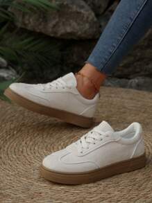 1 双女式系带运动风格休闲运动鞋，适合徒步旅行、户外、滑板、日常穿着 - 米色 - 查看 3