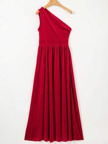 亮絨面一字肩長開衩裙 - 紅色 - 查看 5