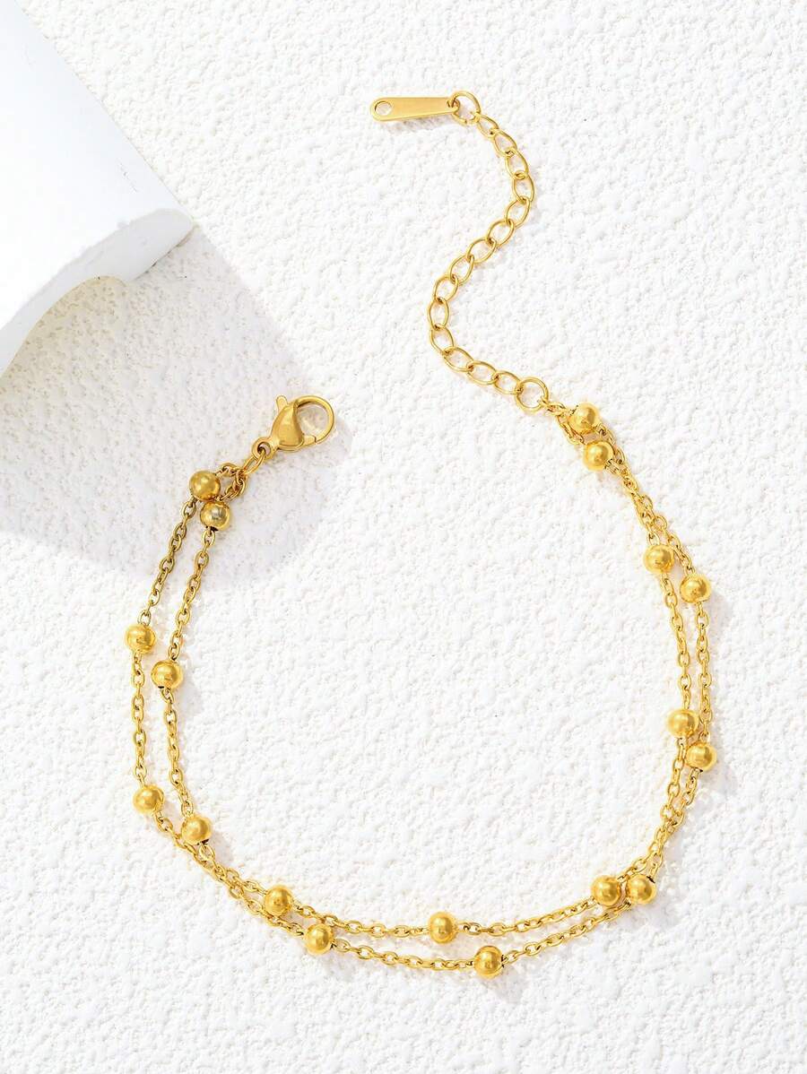Pulsera de cadena de cuentas de acero inoxidable, diseño ajustable de doble capa dorado, accesorio de lujo personalizado adecuado para eventos formales, fiestas y uso diario, una elección elegante para mujeres
