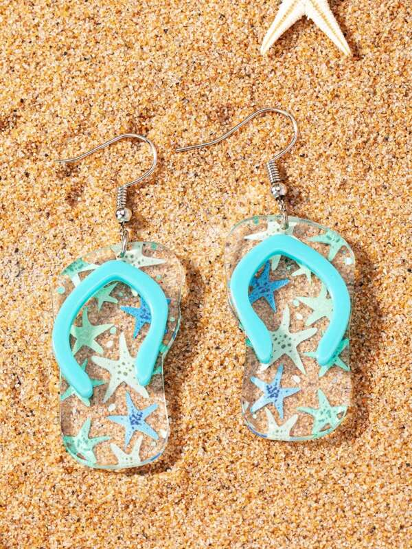 1 par de pendientes colgantes de chanclas con estrella de mar de acrílico para verano y playa para mujeres