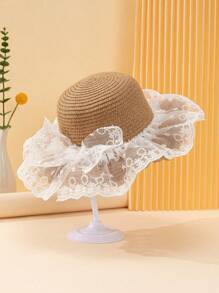 1 件女童蕾丝网眼提花荷叶边蝴蝶结装饰波浪帽檐遮阳帽，公主甜美风格编织太阳帽，适合夏季日常穿着、海滩度假、婚礼季节礼物 - 裙邊蕾絲波浪 - 查看 7