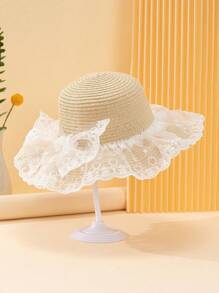 1 件女童蕾丝网眼提花荷叶边蝴蝶结装饰波浪帽檐遮阳帽，公主甜美风格编织太阳帽，适合夏季日常穿着、海滩度假、婚礼季节礼物 - 裙邊蕾絲波浪 - 查看 12
