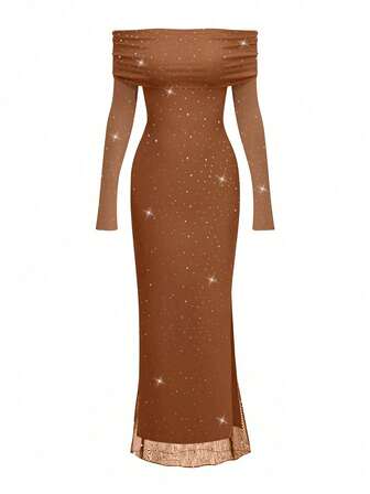 女士休闲露肩长裙，设计独特，舒适，适合户外、通勤、日常穿着