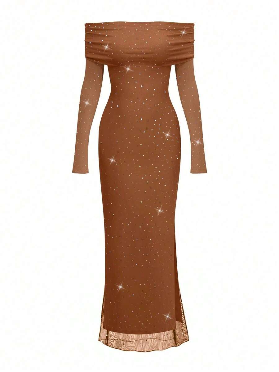 Ladies' Casual Off Shoulder Long Dress With Unique Design, Comfortable & Suitable For Outdoor, Commute, Daily Wear - Coffee Brown - View 1