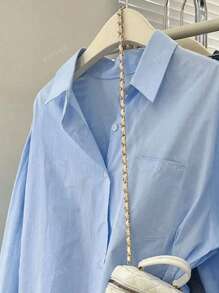 Camicia da donna oversize di moda semplice e casual, tinta unita, con colletto alla coreana e bottoni
