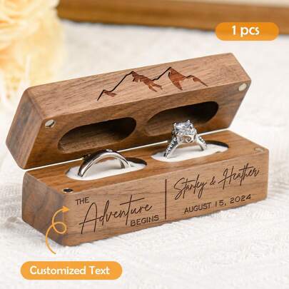 1 pieza Caja rectangular larga de madera de nogal con dos anillos, caja para anillo de regalo para propuesta de matrimonio, aniversario de compromiso para recién casados, cumpleaños, San Valentín, personalizada, soporte de anillo único y delgado, boda campestre moderna, vuelta al colegio