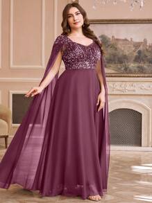 SUPGIR Plus Size Sweetheart Neck Luxurious Sequin Fringe Chiffon Patchwork Dress, Party Dress, Wedding Guest Dress, Formal Dress, Evening Dress, Gown - 中紫紅色 - 查看 1