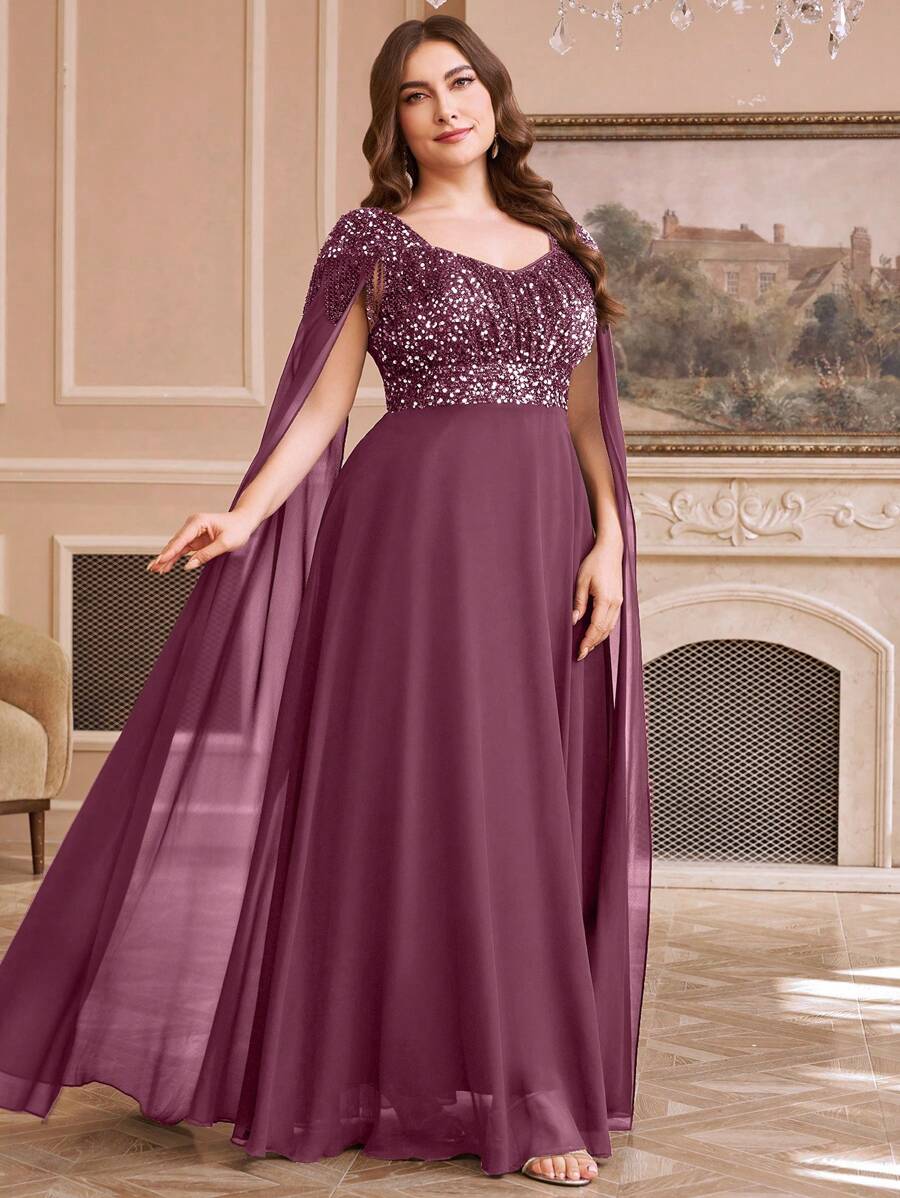 SUPGIR Plus Size Sweetheart Neck Luxurious Sequin Fringe Chiffon Patchwork Dress, Party Dress, Wedding Guest Dress, Formal Dress, Evening Dress, Gown - 中紫紅色 - 查看 1