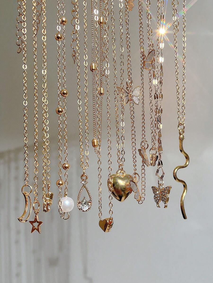 17KM 9pcs/Set Elegant Vintage Heart, Butterfly, Faux Pearl, Rhinestone, Teardrop, Star, Moon Hollow Design Multi-Layer Necklace Set, Suitable For Holiday, Party, Date, Daily Wear As Gift