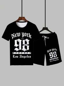 Conjunto de 2 peças Plus Size Masculino Estilo Esportivo Número Numérico e Conjunto de Camiseta Estampada de Letras, Adequado para Todas as Estações - Preto - Ver 4