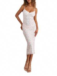Women Sleeveless Floral Maxi Dress Summer Spaghetti Strap Bodycon Party Dress For Cocktail Beach Streetwear - White - View 8