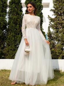 Colour Of Skin Open-Back Round Neck Vintage Long Sleeve Minimalist Mesh Maxi Wedding Dress, White, Cheap Elegant Bridal Dress,Bride - 白色 - 查看 5