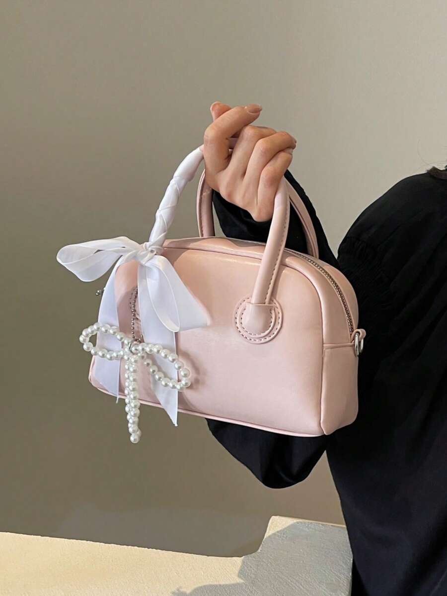 1 pieza Bolso de bolos de estilo dulce con cierre de cremallera, asa doble ajustable, decoración de lazo de perlas falsas, material de PU, adecuado para atuendo diario, viajes y vacaciones, bolso de perlas falsas, color rosa - Rosa - Ver 1