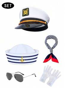 Conjunto de sombrero de marinero con gorra azul marino, sombrero blanco plano vintage, sombrero militar, gorra de capitán de rayas azules y blancas, bufanda, gafas y guantes para fiesta de yate