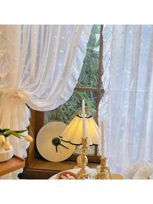 1 pieza/2 piezas Cortina romántica francesa blanca con volantes de encaje con relieve y pompones, Panel de cortina vaporosa de tul con puntos delicados para sala de estar, dormitorio, separador de balcón, decoración de boda, telón de fondo para habitación nupcial