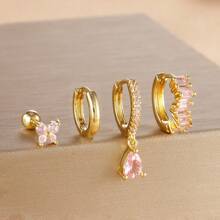 4 件装可爱蝴蝶方晶锆石耳环套装女士款，18K 镀金，简约不锈钢耳钉首饰