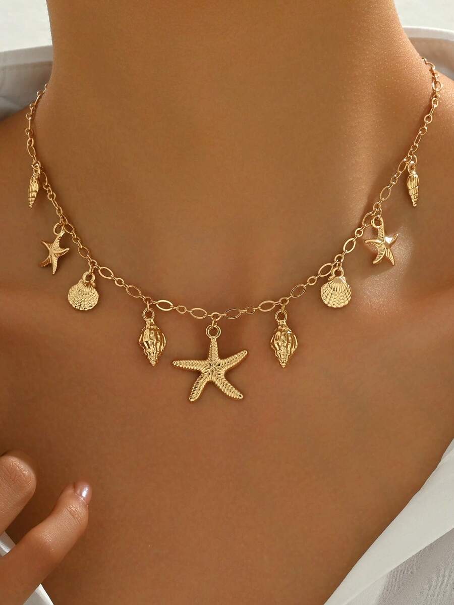 1pc Women's Fashion Pendant Necklace, Vintage Bohemian Beach Style With Sea Star, Shell, Turtle & Multi-Pendant Design, Layered Clavicle Chain, Party/Holiday Gift, Versatile Accessory