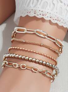 5 件/套球珠袖口女士男士波西米亚海滩金色银色手链饰品金属个性珠宝 - 銀色 - 查看 1