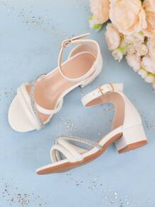 Sandalias de dedo abierto con flores de unicolor lindo para niñas, zapatos de tacón alto transpirables y ligeros adecuados para bodas, fiestas, zapatos de princesa - Blanco - Ver 5