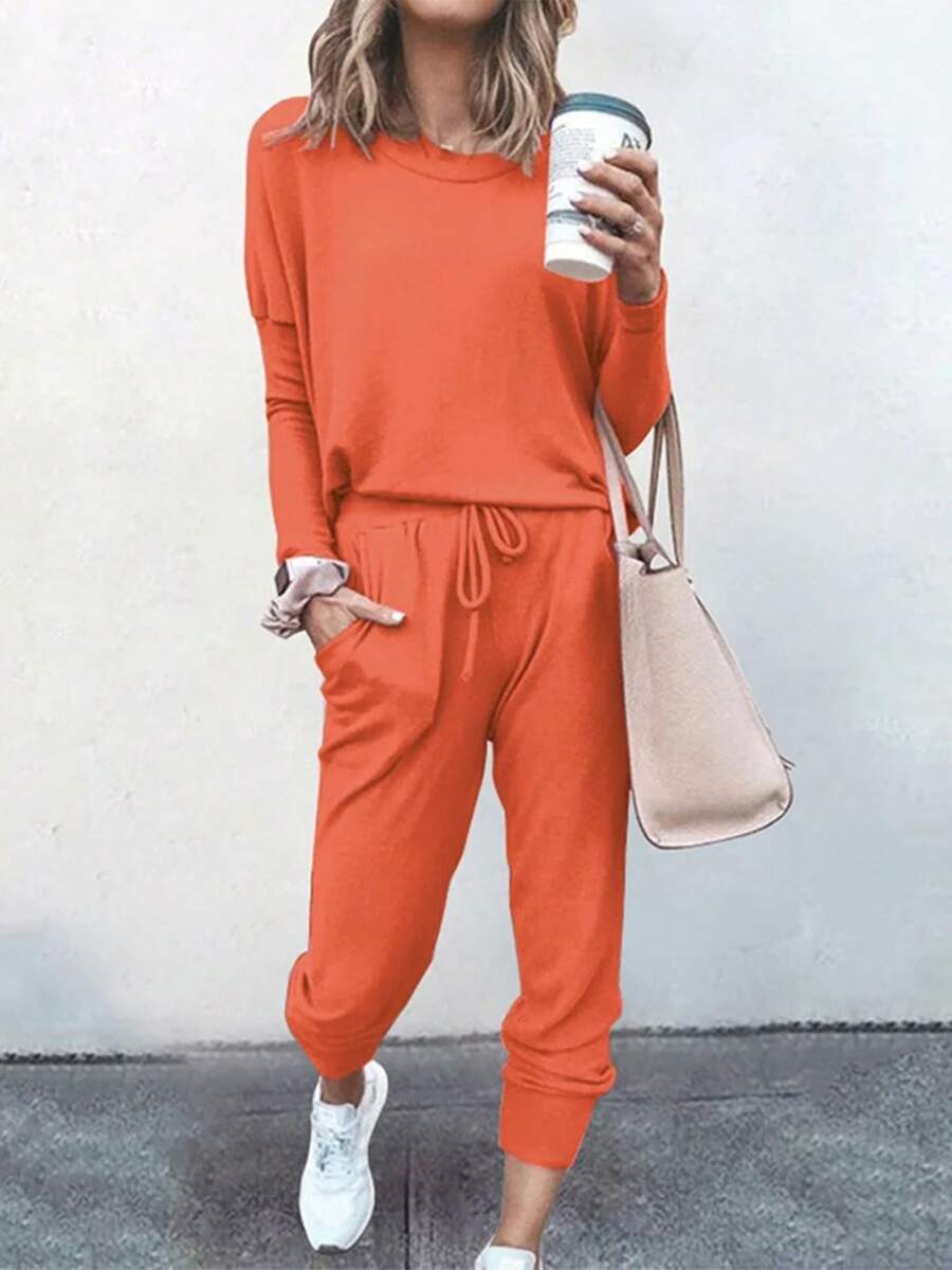 Women Tracksuits, Casual Sportswear Set Solid Color Long Sleeve O-Neck Pullover+Drawstring Trousers Lady Spring Tracksuit Outfit - Orange - View 1