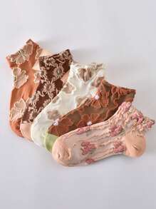 5 双女士复古蕾丝短袜，优雅时尚休闲女士袜子，薄款透气吸汗低帮运动袜，适合日常穿着，春夏 - 彩色 - 查看 3