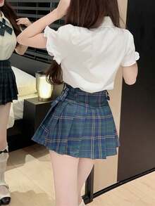 Y2K Preppy Style Women's JK Shirt Short Sleeve Chic Blouse Top+A-Line Pleated Plaid Mini Skirt Two Pieces Set Graduation Skirts Suit 4th Of July Outfits 4th Of July Clothes 4th Of July Women - Multicolor - View 3