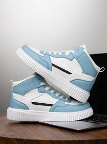 男士复古简约舒适厚底减震百搭休闲运动鞋，四季字母撞色高帮防滑平底滑板鞋 - 白月 - 查看 4