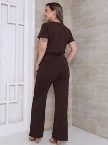 Women's Set Of Wide Leg Pants And Comfortable Sweatshirt Top Summer - Rỉ Nâu - Xem 3