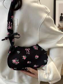 手提斜挎单肩女士甜美碎花包,蝴蝶结花卉图案,手提包,腋下包,方包,单肩包,手提包,旅行必备,大容量手提包 - 彩色 - 查看 3