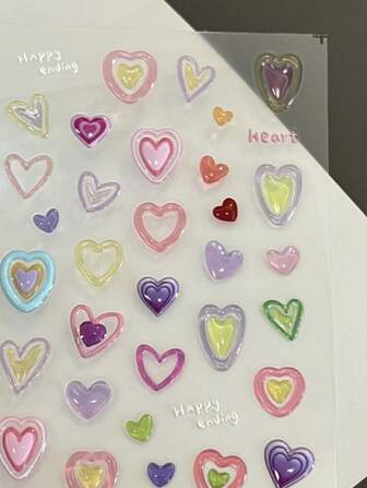 1pc Valentine's Day Colorful Love Nail Stickers, Summer Colorful High Beauty Jelly Transparent Relief 3D Stickers Heart Stickers, Used For Nail Decoration