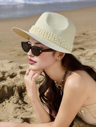 1 件女士春季休闲草编帽，波西米亚复古宫廷风可爱街头优雅法式英伦简约双辫草帽，适合海滩、旅行、日常穿着