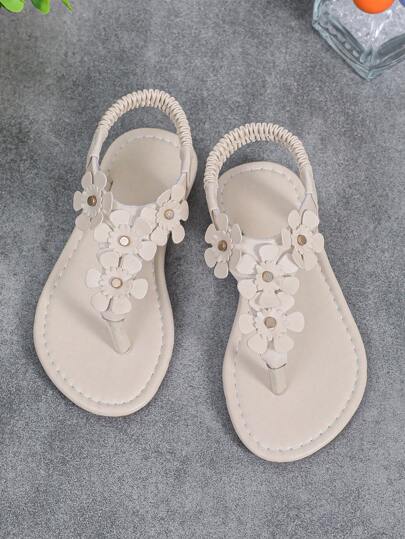 1 Pair Ivory Toddler Girls Fashion Sandals, Solid Color PU Strap With Metal Flower Decor, Elastic Back Ankle, Round Toe, Flat Sole, Cute & Comfortable, For 3-15 Years Old Boys & Girls, Daily, Party, Vacation, Spring/Summer 2025