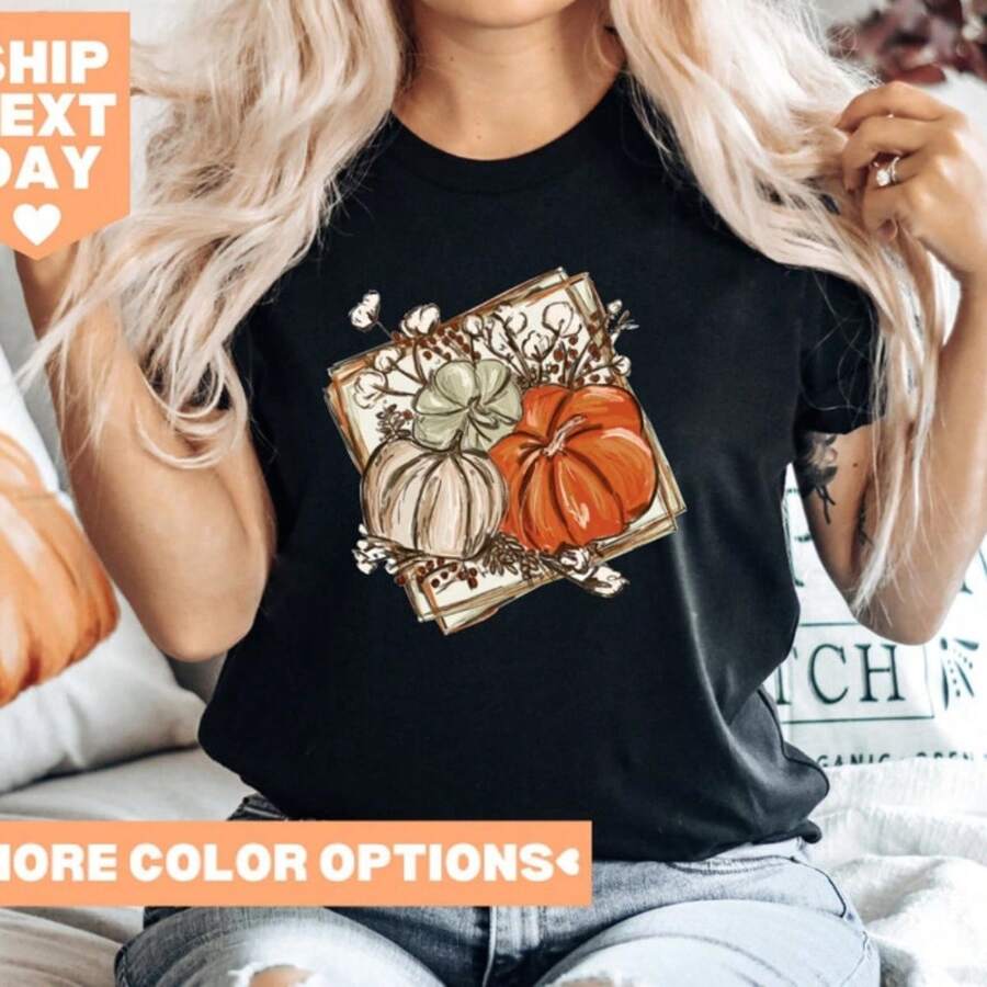 Chalk Cotton Pumpkin Shirt, Pumpkin Shirt, Cute Fall Shirts, Pumpkin Fall Shirt, Thanksgiving Shirts, Cute Shirts Women, Fall Shirts Women - 黑色 - 查看 1
