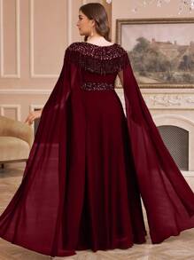 SUPGIR Plus Luxury Sweetheart Collar Fringe Sequin Chiffon Patchwork Maxi Ball Gown Dress, Party Dress, Wedding Guest Dress, Formal Dress, Evening Dress - 酒紅色 - 查看 2