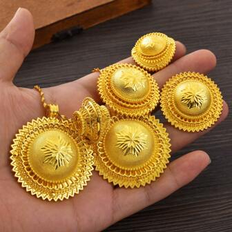 3 件/套金色时尚双吊坠圆形珠宝组合（耳环、戒指、项链）、中东聚会、生日派对礼物