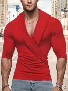 Playera Ajustada para Hombre con Escote V y Manga Larga de Moda Casual