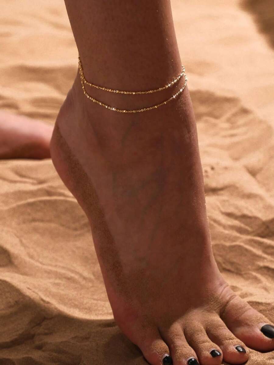 Minimalist Double-Layer Anklet With Beads, Fashionable Versatile Sexy Party Beach Holiday Casual Wear, Ideal Gift