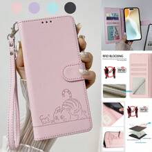 ZZXX Wallet Kitten Embossing With Card Slot RFID Blocking Kickstand Hand Strap Magnetism Flip High-Quality Artificial Leather Case Compatible With IPhone Compatible With Samsung Galaxy Compatible With Google Pixel 9 Pro XL 9a 8a 7a 6a Compatible With Xiaomi Redmi Note 14 Pro+ 13 12S 11 10 9 Pro 14C 13C 13 12C 10C A3 Poco F7 Ultra X7 F6 X6 M6 Pro C65 14T