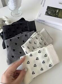 5 双女士春秋新款波尔卡圆点、蝴蝶结、心形、星星长袜，舒适柔软百搭甜美袜子，秋季 - 彩色 - 查看 4
