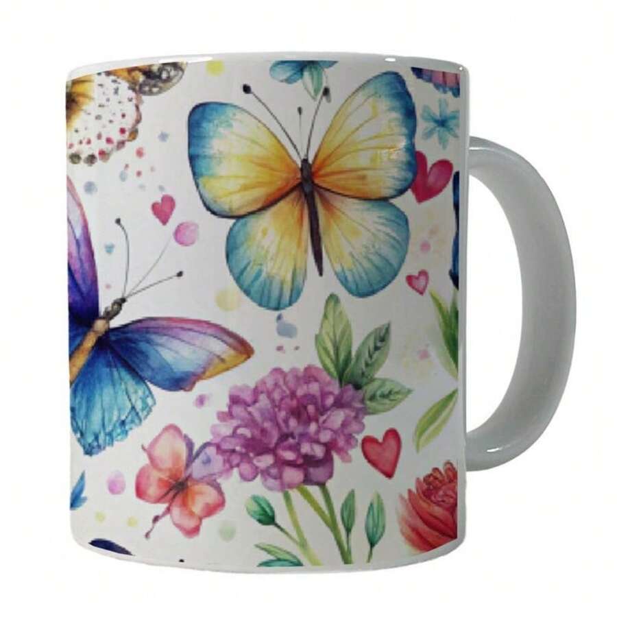 1pc 11oz Butterflies Hearts Flowers Beautiful Watercolor Mug Spring Flowers Butterflies Coffee Mug Ceramic Coffee Cup, Mother's Day Gift, Double-Sided Printing, Washable Reusable Milk Cup Coffee Cup Multi-Purpose Travel Mug, Gifts For Her Mom - 白色 - 查看 1