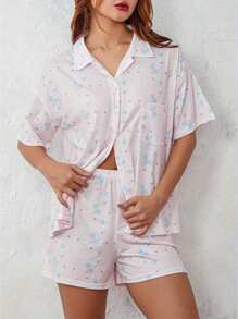 Women 2 Piece Pajamas Set Short Sleeve Floral Print Button Shirt Tops Shorts - 粉色 - 查看 5